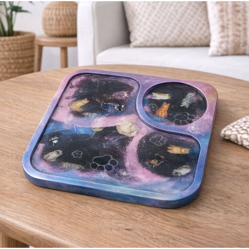 Resin Cat Paw Print Divided Serving Tray With Unique Cosmic Design & Embedded De